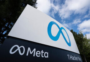 Menlo Park, CA, USA - Apr 30, 2022: Closeup of the Meta sign at the entrance to the Meta Platforms headquarters in Menlo Park, California. Meta Platforms, Inc. is an American tech conglomerate.